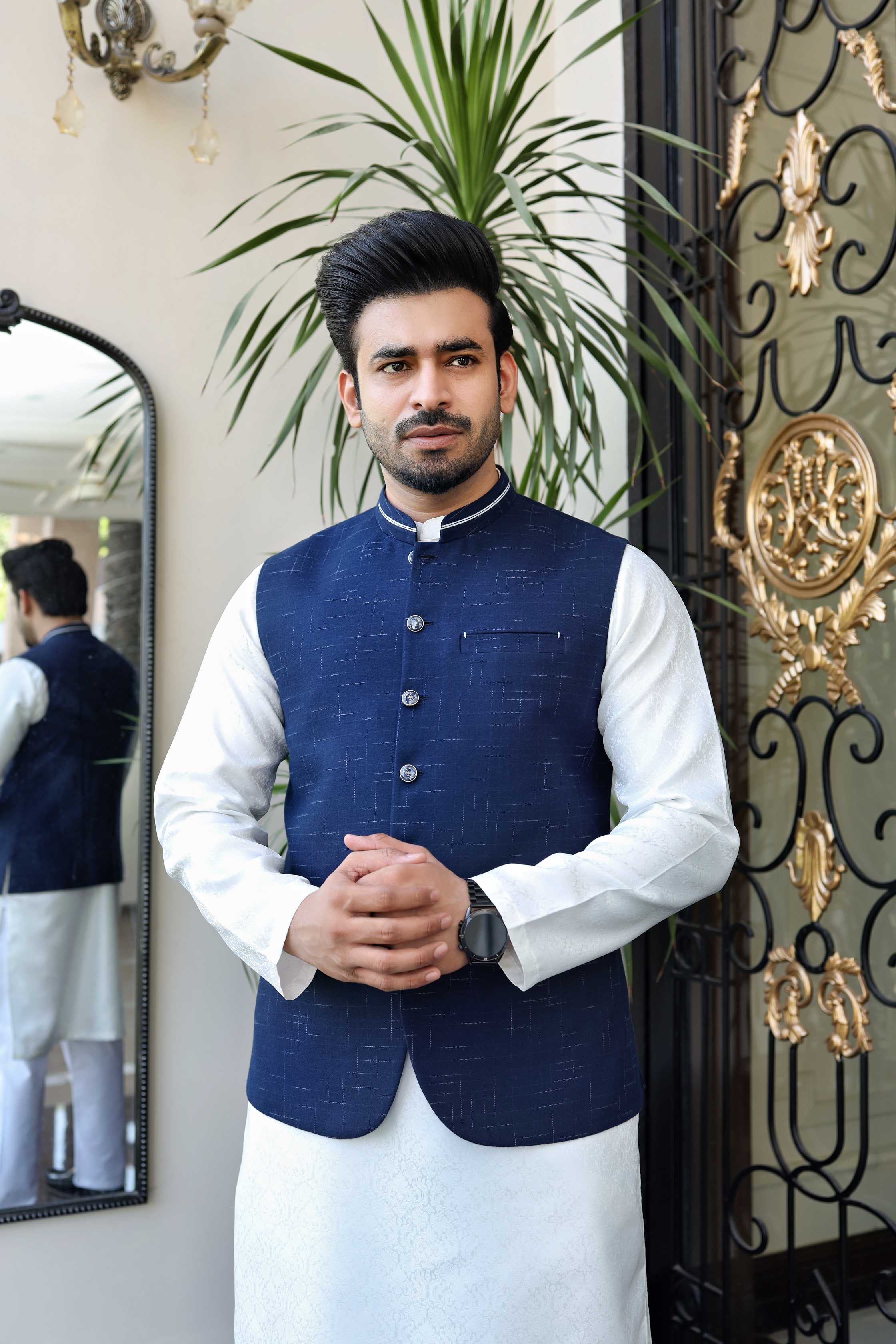 Premium Blue Waistcoat Jacquard Fabric