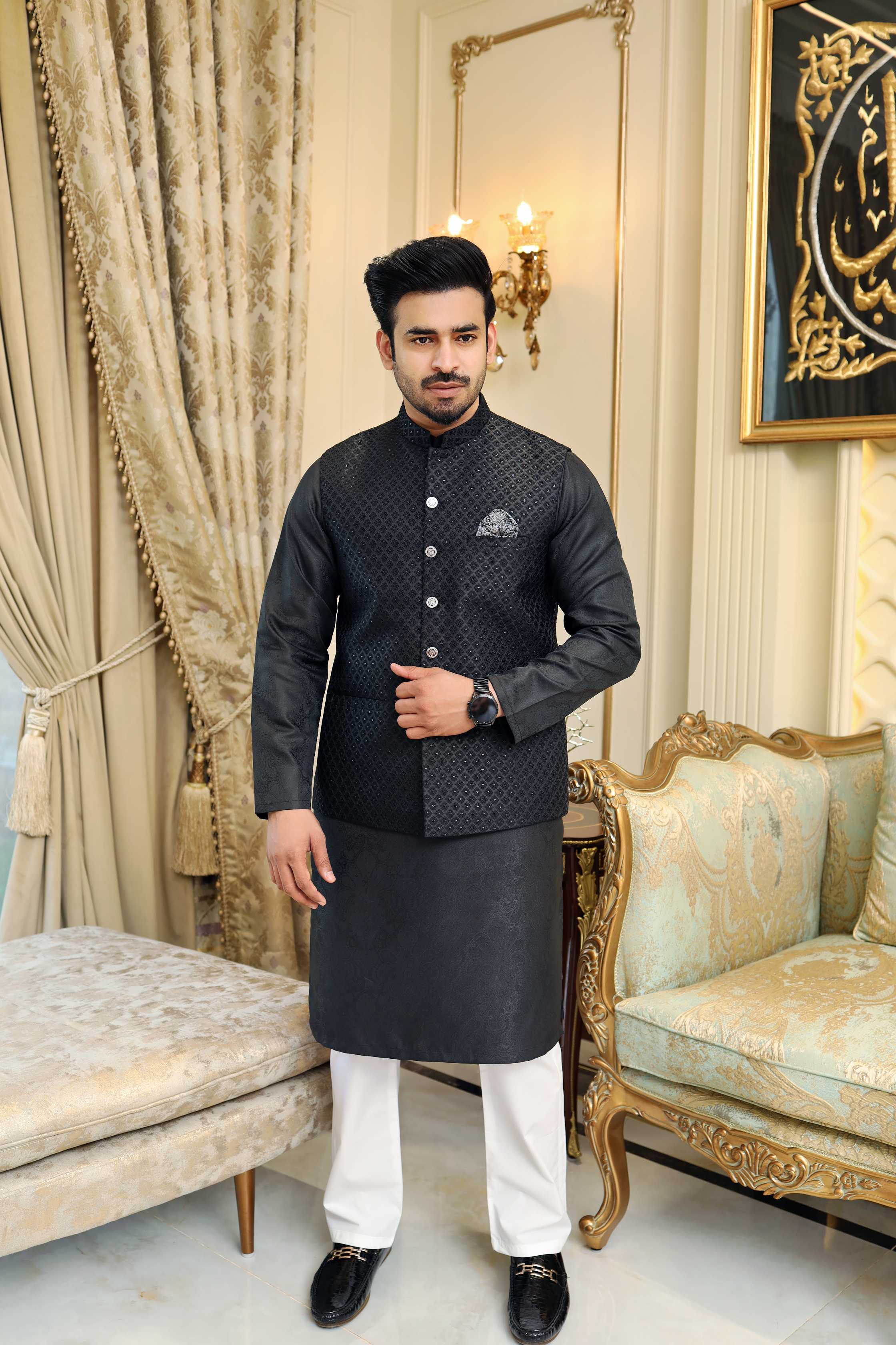 Premium Black waistcoat Jamawar Fabric