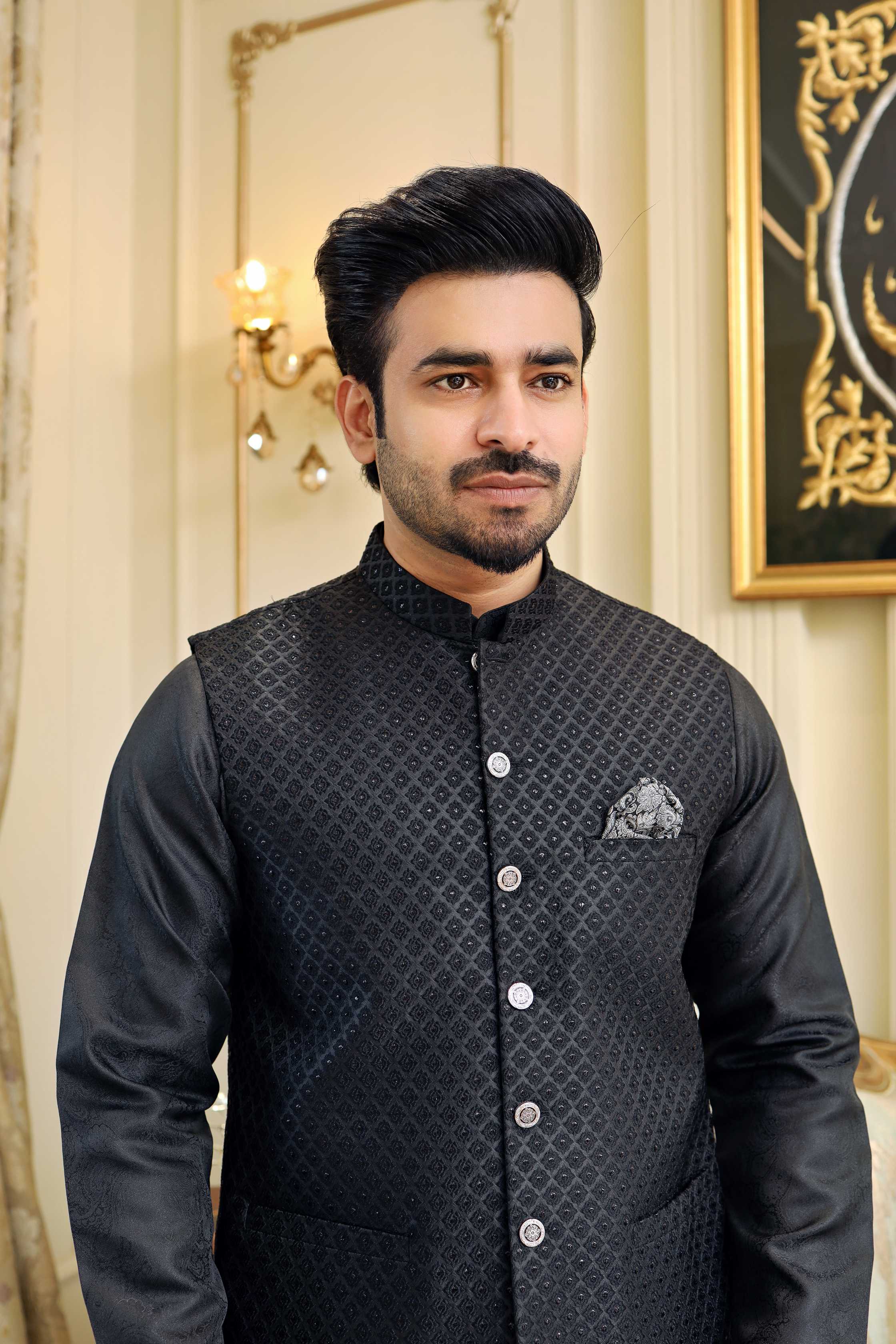 Premium Black waistcoat Jamawar Fabric