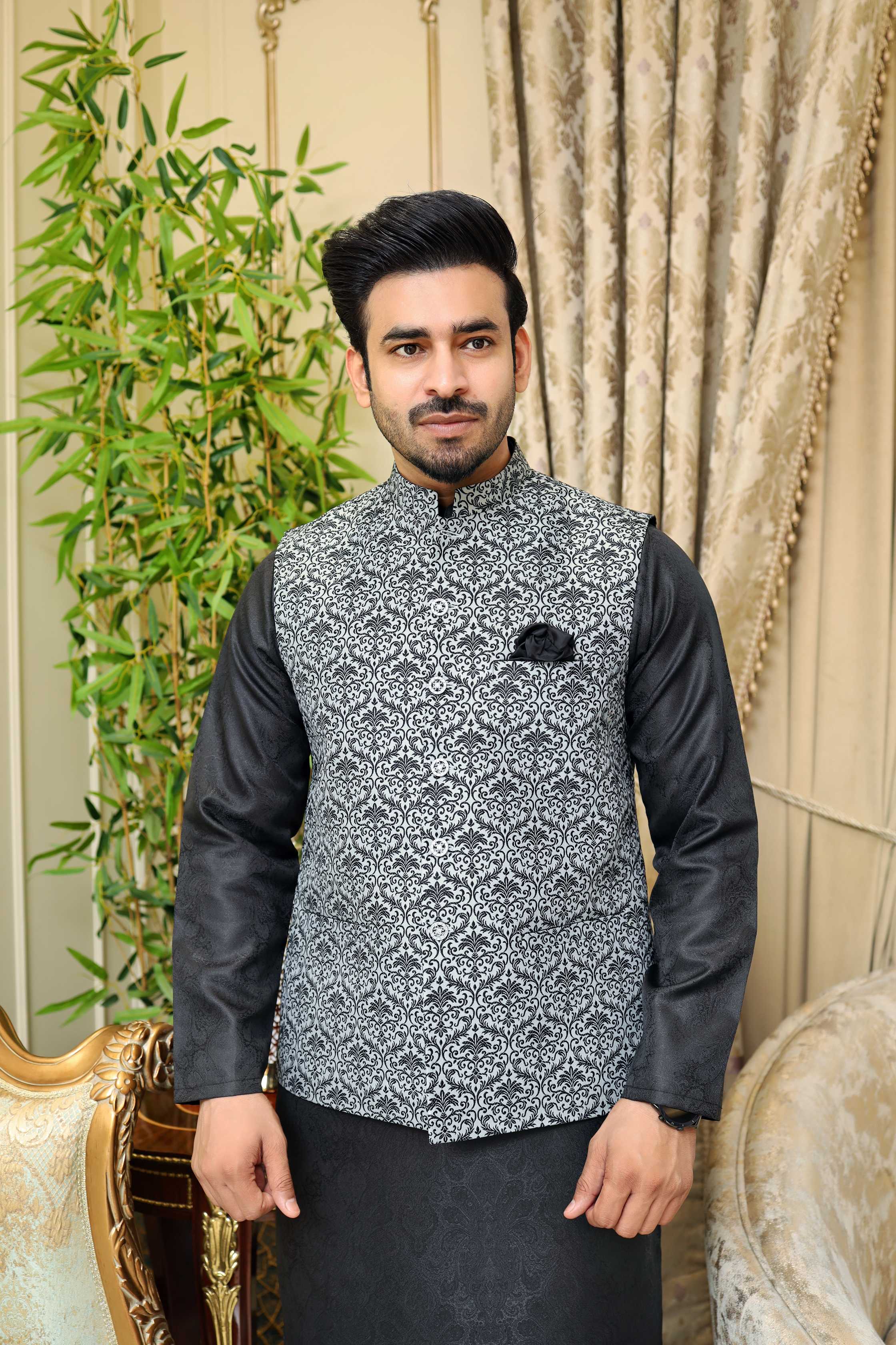 Premium Grey waistcoat Jamawar Fabric