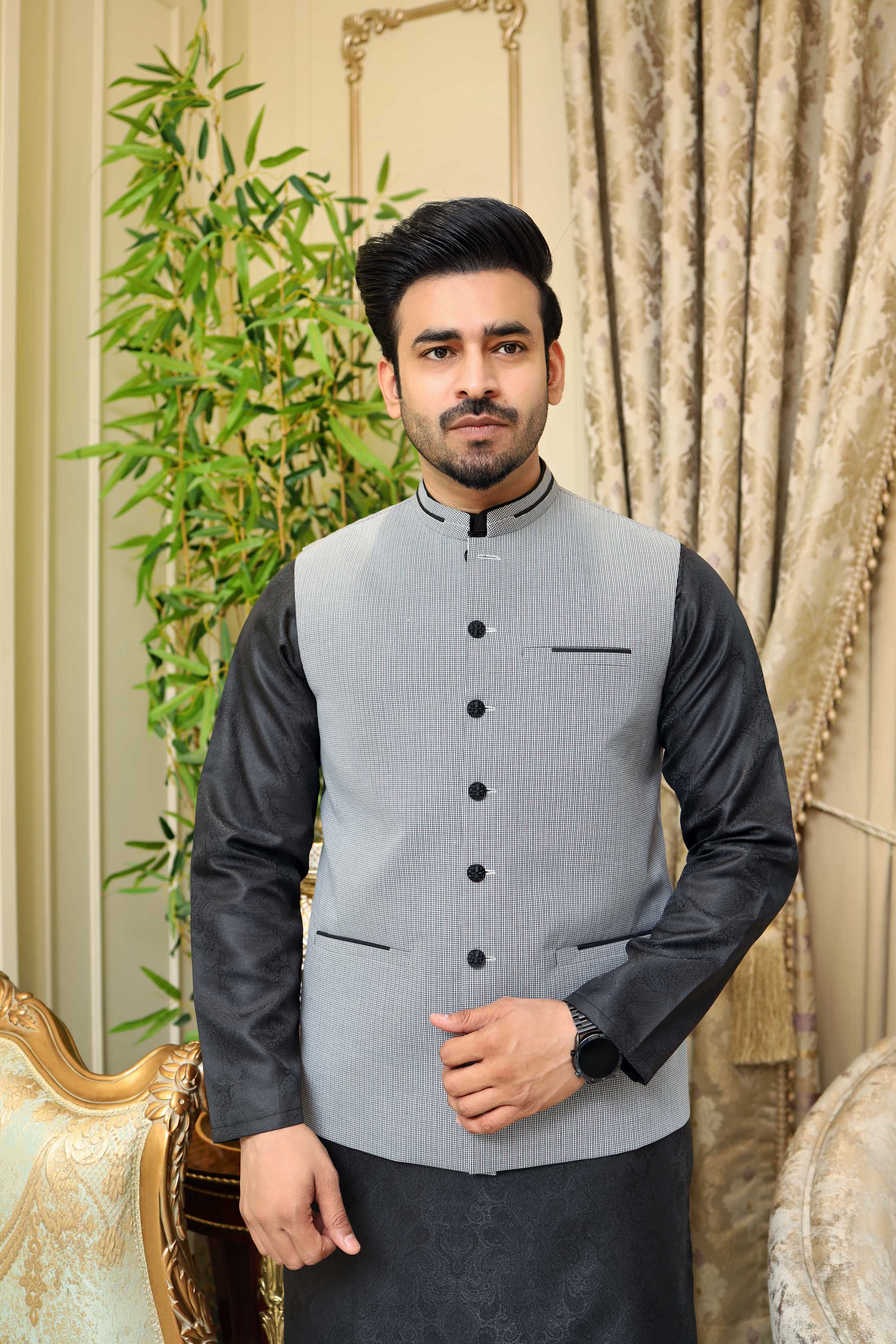 Premium Black Check Waistcoat Jacquard Fabric