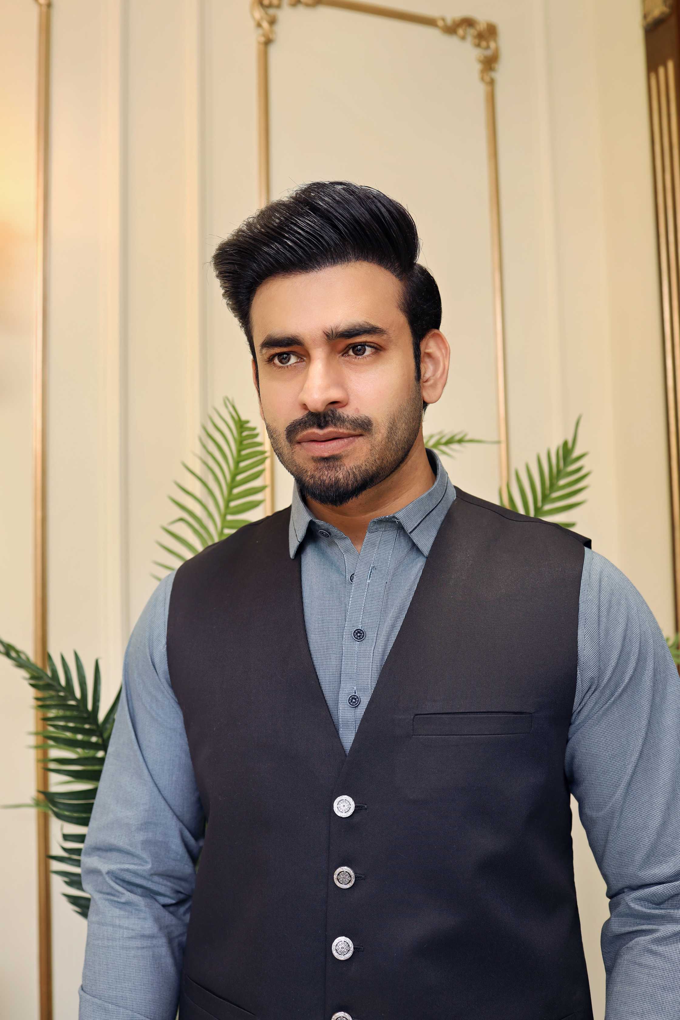 Premium Black V Neck Waistcoat Blended Suiting Fabric